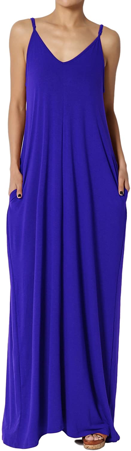 Price:$15.66 TheMogan Casual Beach V-Neck Draped Soft Jersey Cami Long Maxi Dress with Pocket at Amazon Women’s Clothing store