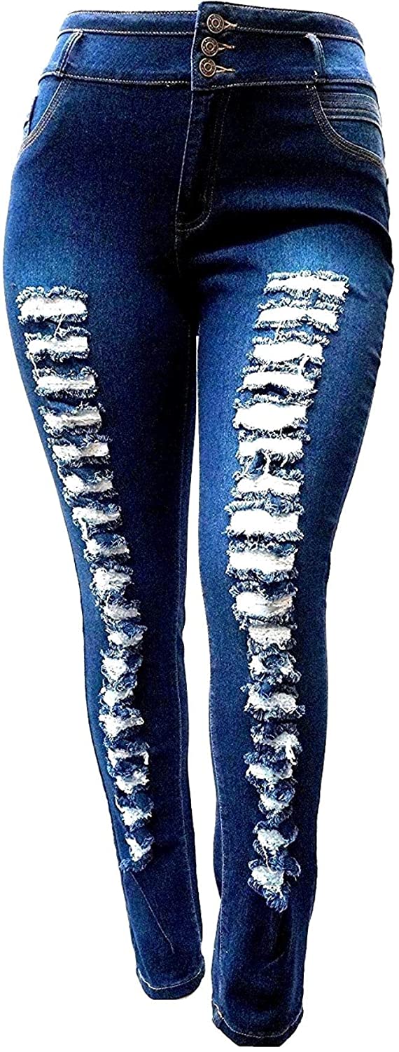 Price:$12.99 SLS Women's Plus Size Stretch Distressed Ripped Blue Skinny Denim Jeans Pants at Amazon Women's Jeans store