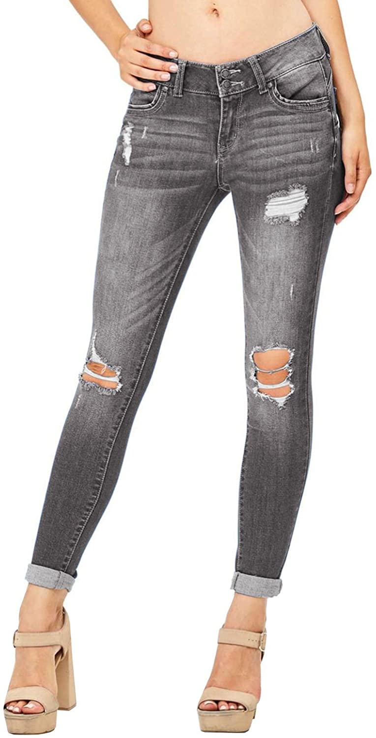 Price:$24.98    Meilidress Womens Juniors Distressed Ripped Boyfriend Skinny Denim Ankle Length Jeans  Clothing