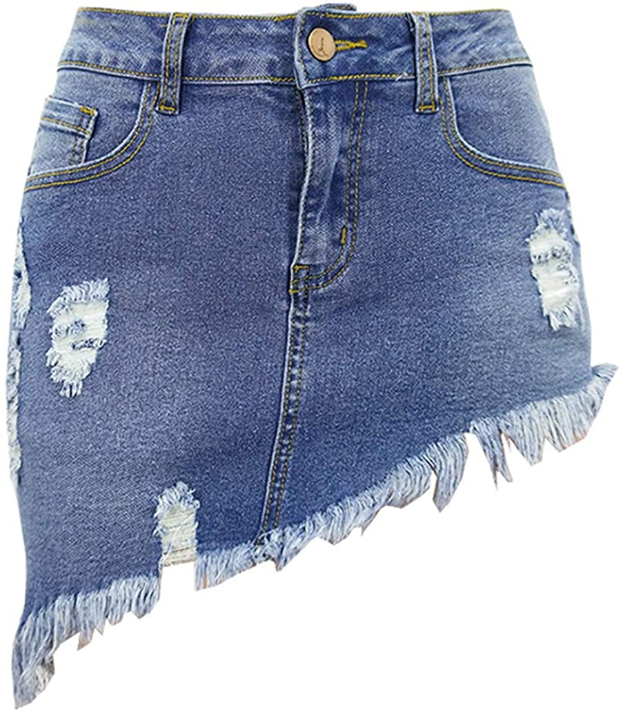 Price:$18.60 chouyatou Women's Stretch Fit 5-Pocket Irregular Frayed Hem Mini Denim Jean Skirt at Amazon Women’s Clothing store