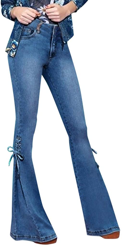 Price:$1.99    Women's Classic High Rise Flare Denim Pants Bow Lace Up Bell Wide Leg Jeans Trouser Morecome  Clothing