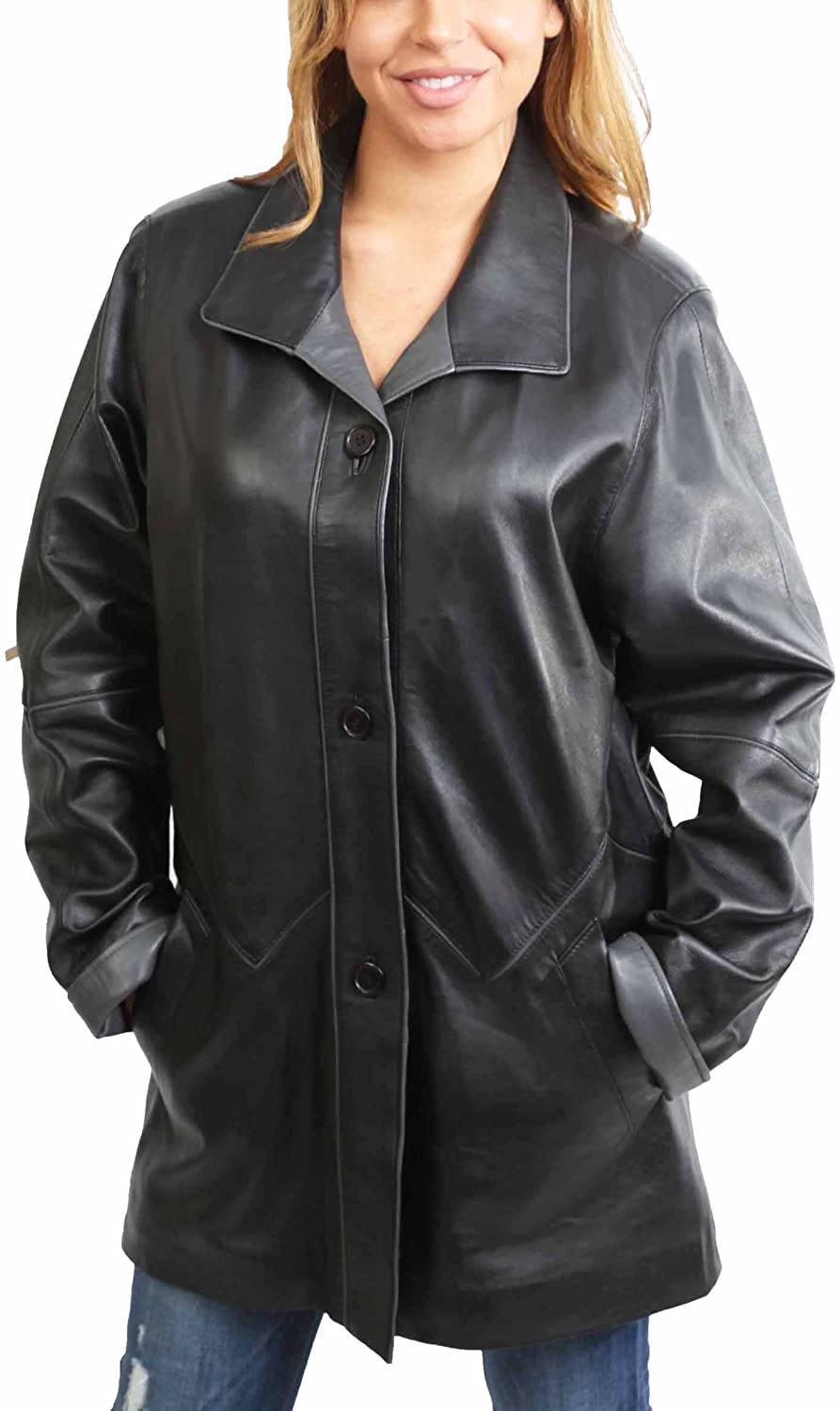 Price:$249.00 Ladies Parka Leather Coat Black Grey Trim 3/4 Long Comfort Fit Jacket - Lulu at Amazon Women's Coats Shop