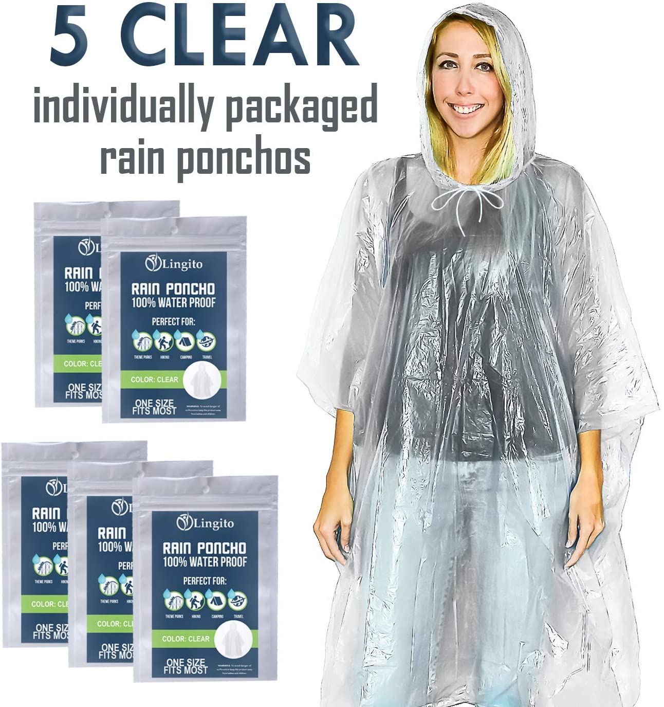Price:$9.49    Lingito 5 Clear Emergency Rain Ponchos for Adults, Thicker, 100% Waterproof Emergency Rain Poncho- for Amusement Parks, Hikes, Camping and Concerts  Clothing
