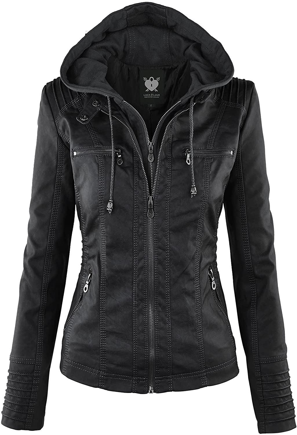 Price:$29.95 Lock and Love Women's Removable Hooded Faux Leather Moto Biker Jacket (XS~2XL) at Amazon Women's Coats Shop