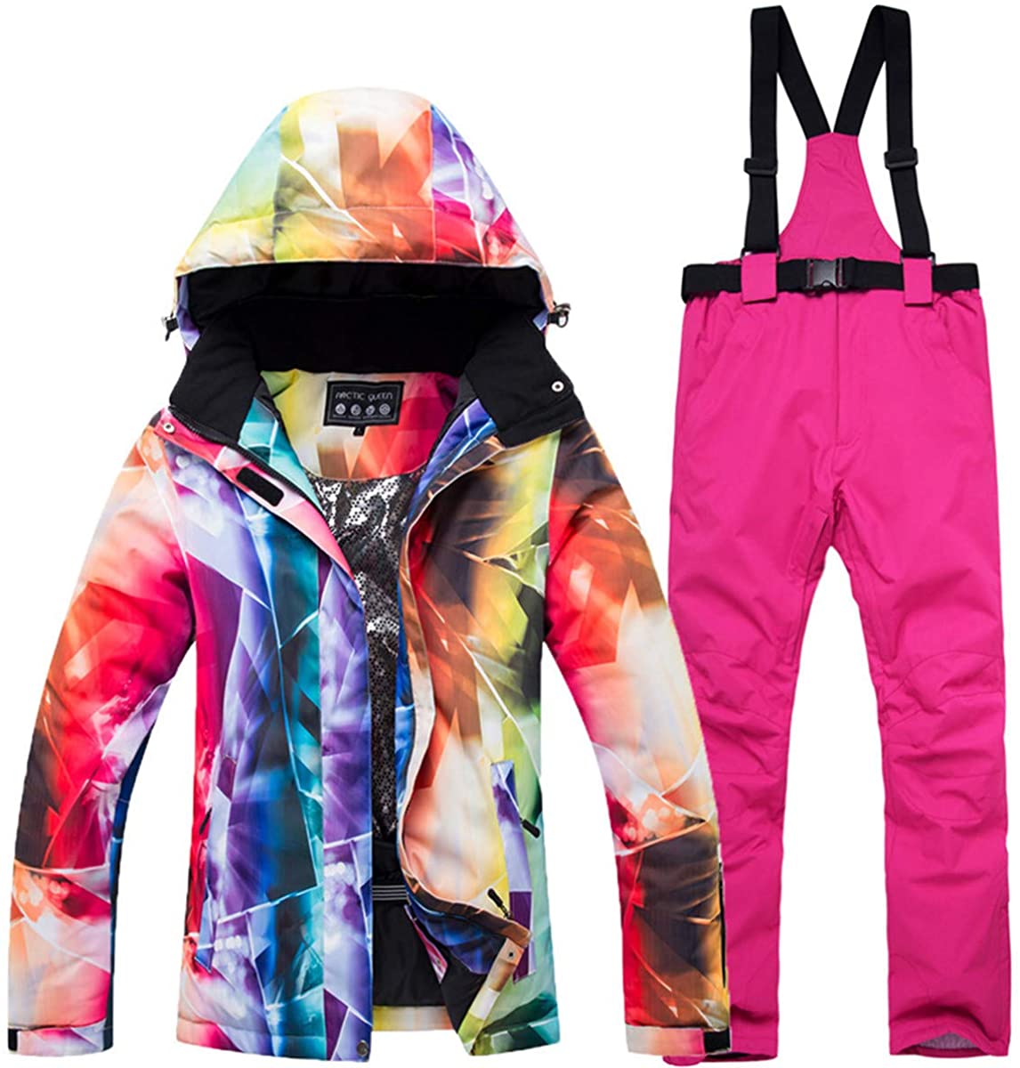 Price:$106.99    Women Two Piece Colorful Sport Outdoor Mountain Windproof Waterproof Ski Bib Suit Jacket and Bib Pant Suits Outfit  Clothing