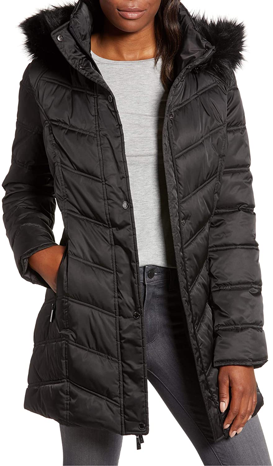Price:$70.00    Keneth Cole Women's Chevron Down Coat with Faux-Fur Trim Hood - Solid Black - S  Clothing