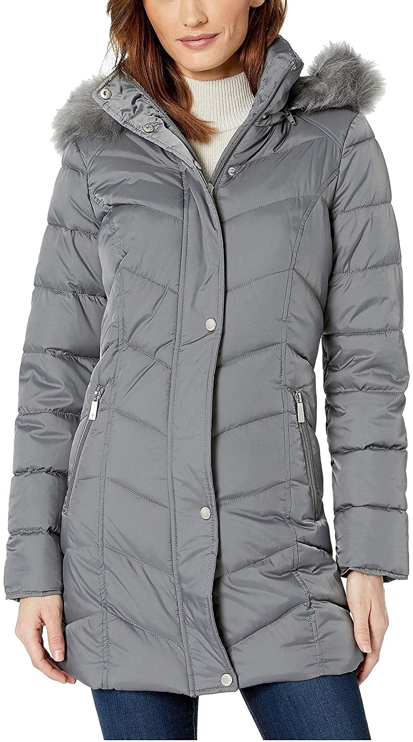 Price:$46.99 Kenneth Cole New York Chevron Quilted Puffer w/Faux Fur Trimmed Hood at Amazon Women’s Clothing store