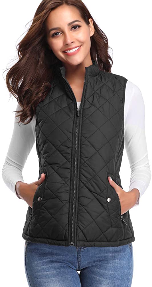 Price:$22.99    fuinloth Women's Padded Vest, Stand Collar Lightweight Zip Quilted Gilet  Clothing