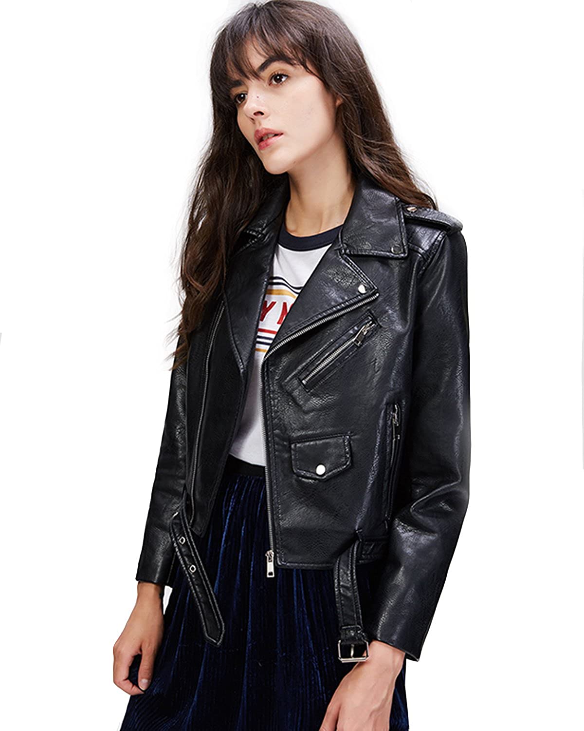 Price:$33.88    LY VAREY LIN Women's Faux Leather Motorcycle Jacket PU Slim Short Biker Coat  Clothing