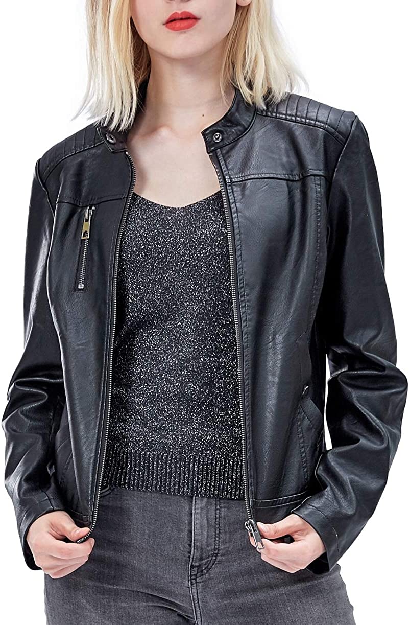 Price:$25.99 Fahsyee Women's Faux Leather Jackets, Zip Up Motorcycle Short PU Moto Biker Outwear Fitted Slim Coat at Amazon Women's Coats Shop