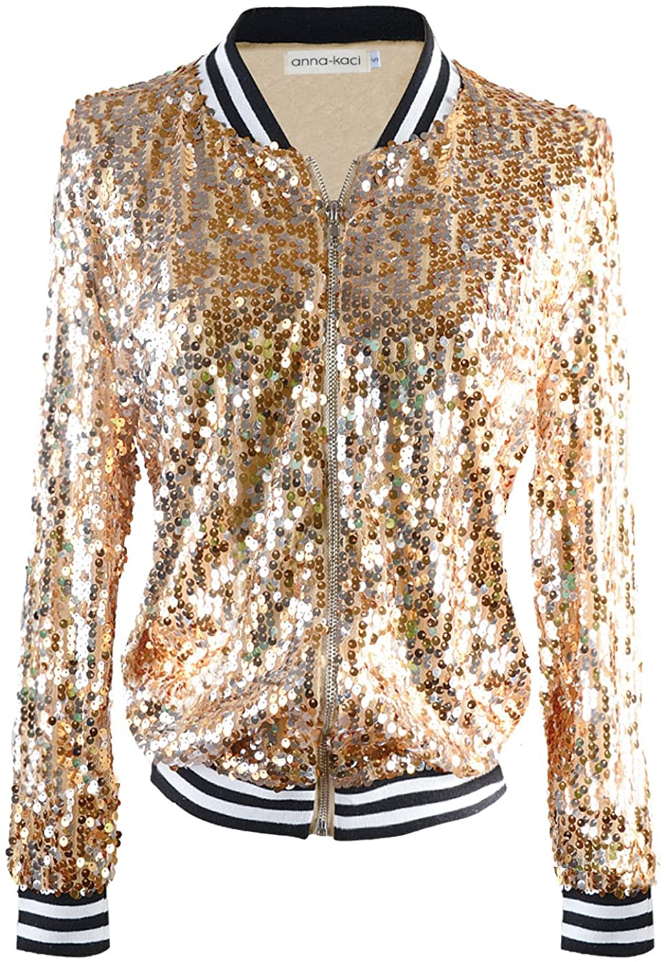 Price:$29.99    ANNA-KACI Womens Sequin Long Sleeve Front Zip Jacket with Ribbed Cuffs  Clothing