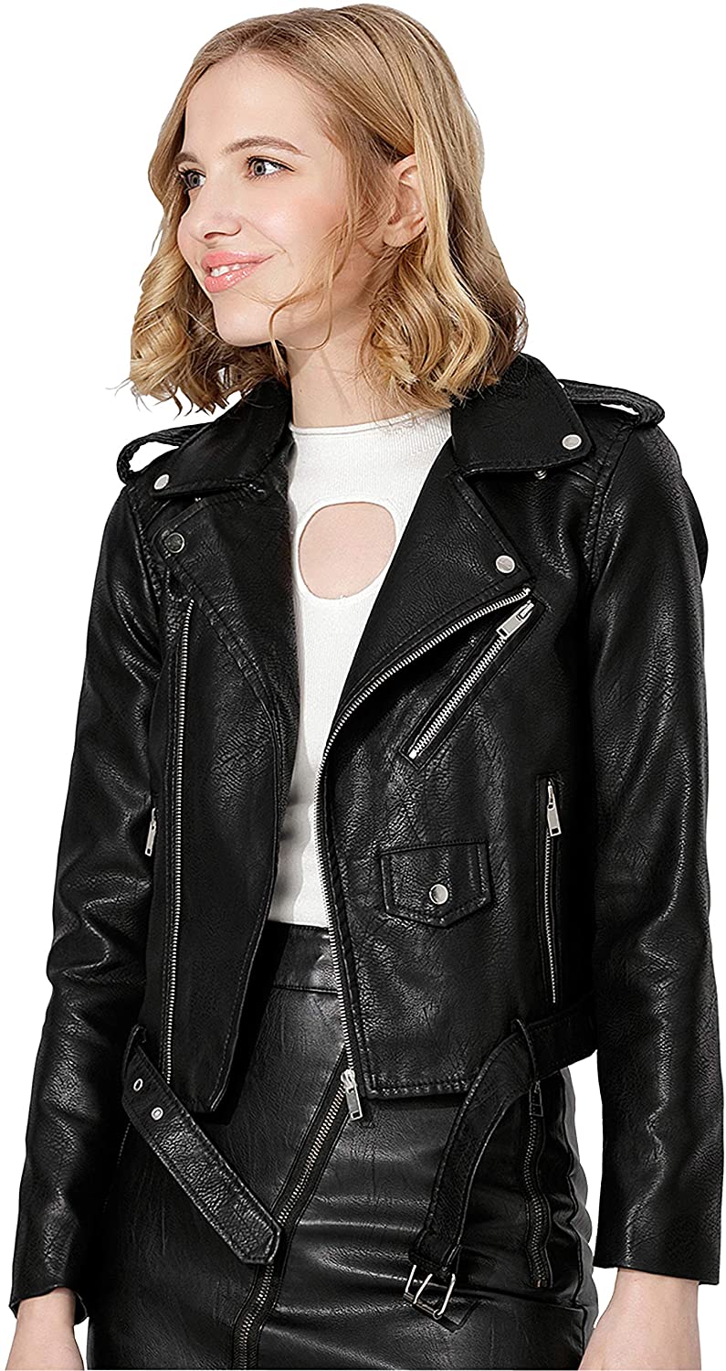 Price:$35.89 Jhichic Women's Faux Leather Textured Short Moto Jacket Zip-up Slim PU Biker Coat with Pockets at Amazon Women's Coats Shop