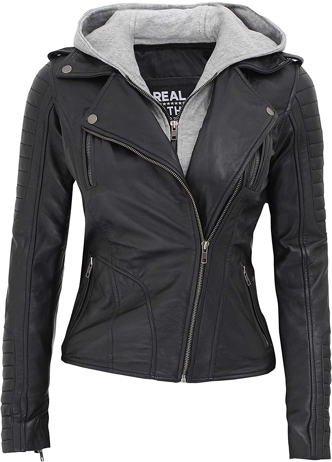 Price:$149.00 Real Hooded Jacket Women - Asymmetrical Lambskin Black Leather Jacket Women at Amazon Women's Coats Shop