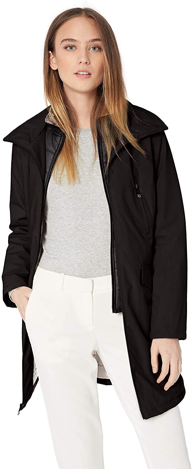Price:$25.76    Kenneth Cole Women's Thigh Length Zip Rain Jacket with Stoweaway Hood in Collar  Clothing