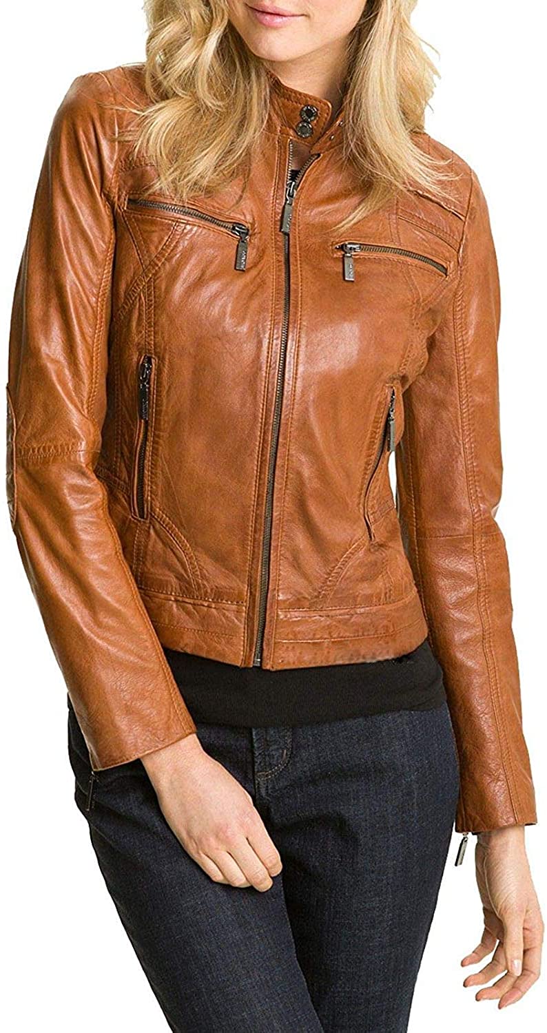 Price:$79.00 Ladies Real Leather Jacket Stylish Fashion Designer Waxed Soft - Biker Motorcycle Style Jacket at Amazon Women's Coats Shop