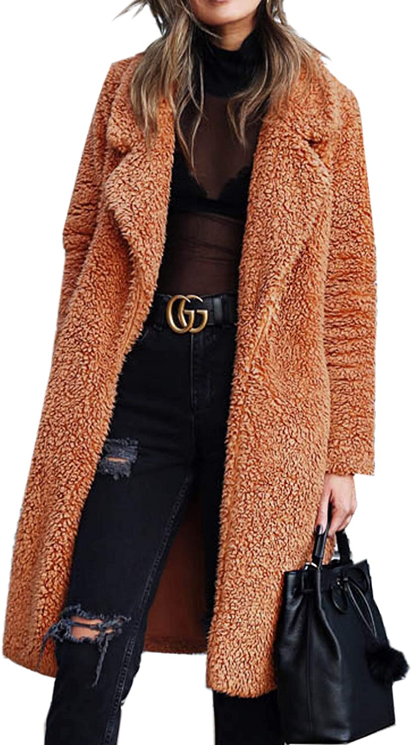 Price:$36.99 Angashion Women's Fuzzy Fleece Lapel Open Front Long Cardigan Coat Faux Fur Warm Winter Outwear Jackets with Pockets at Amazon Women's Coats Shop