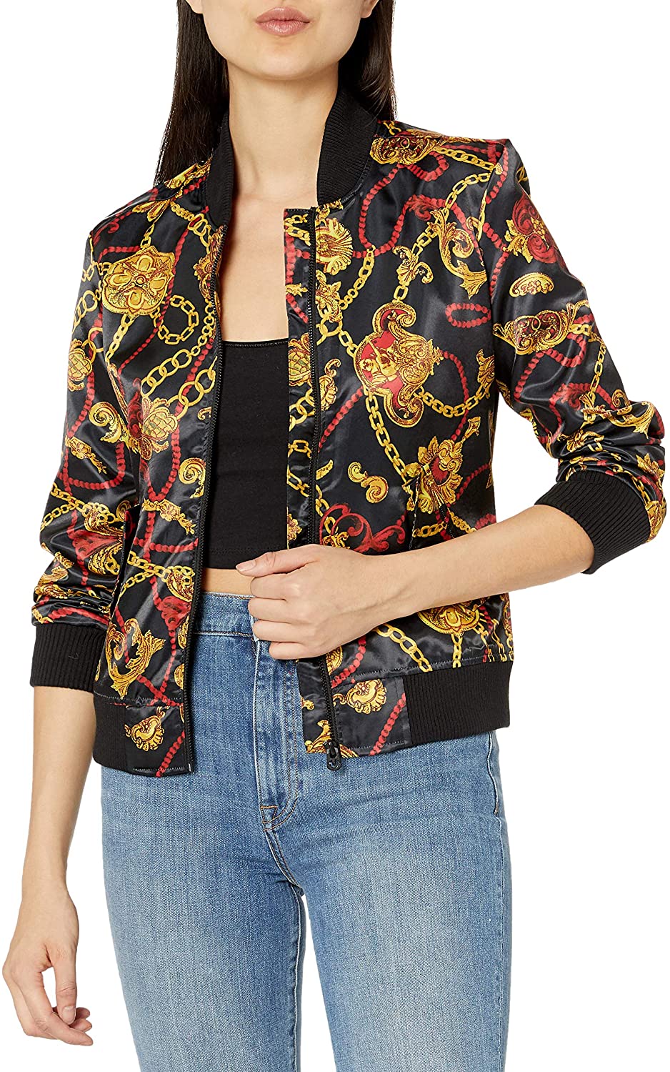 Price:$144.95    True Religion Women's Gold Chains Loong Sleeve Satin Jacket  Clothing