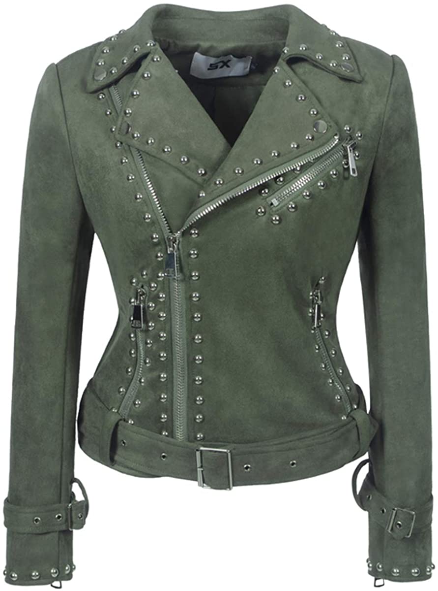 Price:$65.99 SX Women Cool Rivet Studded Asymmetric Snakeskin Perfect Suede Fabric Slim Fit Biker Jacket at Amazon Women's Coats Shop