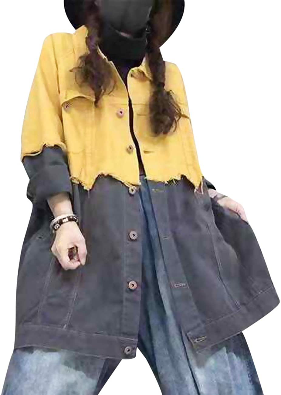 Price:$34.99 YESNO Women Casual Loose Fashion Denim Jacket Coat Retro Chinese Frogs Fringed Hi-Low Hem Long Sleeve/Pockets KB4 at Amazon Women's Coats Shop