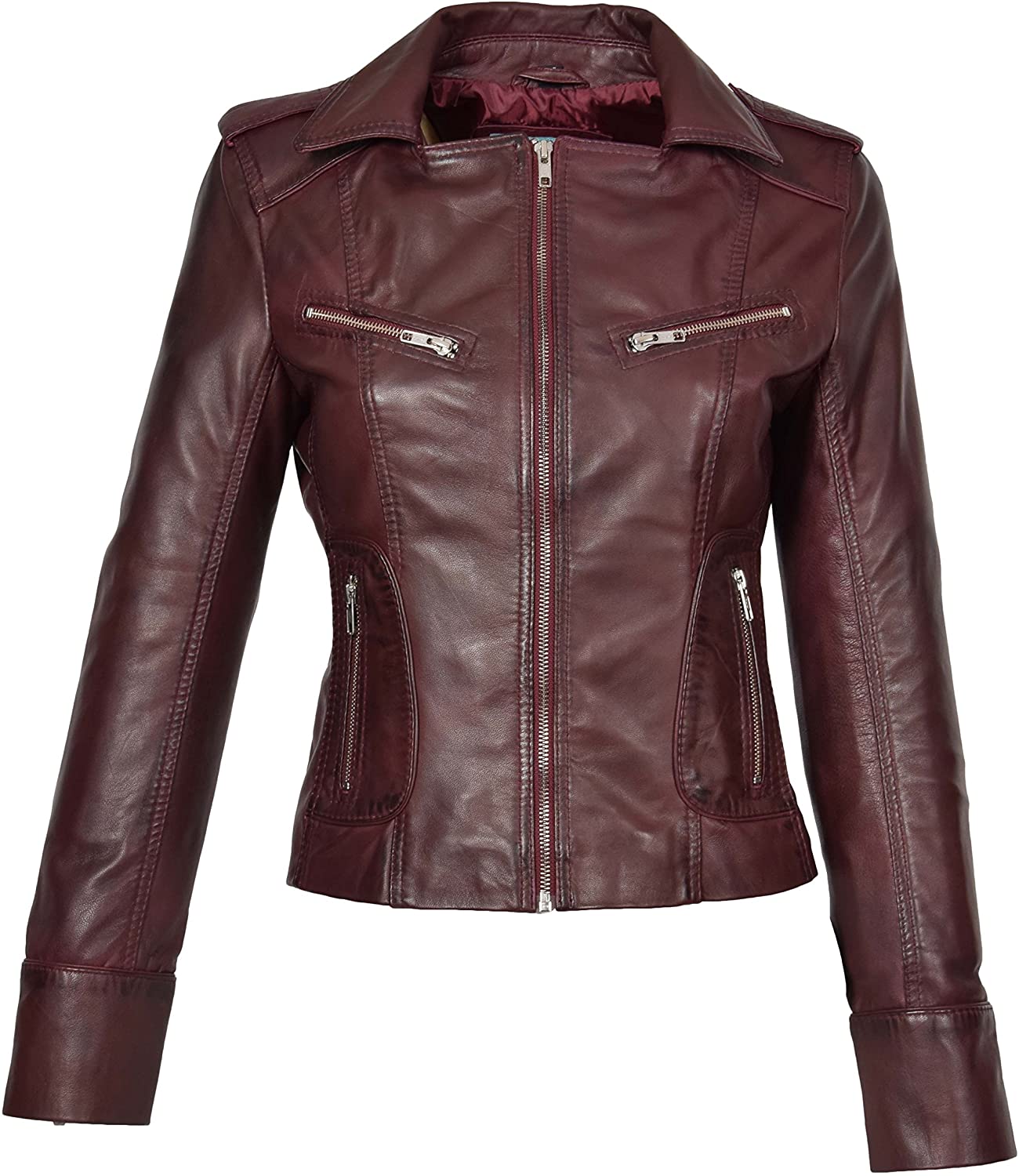 Price:$179.00 A1 FASHION GOODS Womens Wine RED Leather Biker Jacket Italian Designer Slim Fit Zip Up Coat Betty at Amazon Women's Coats Shop