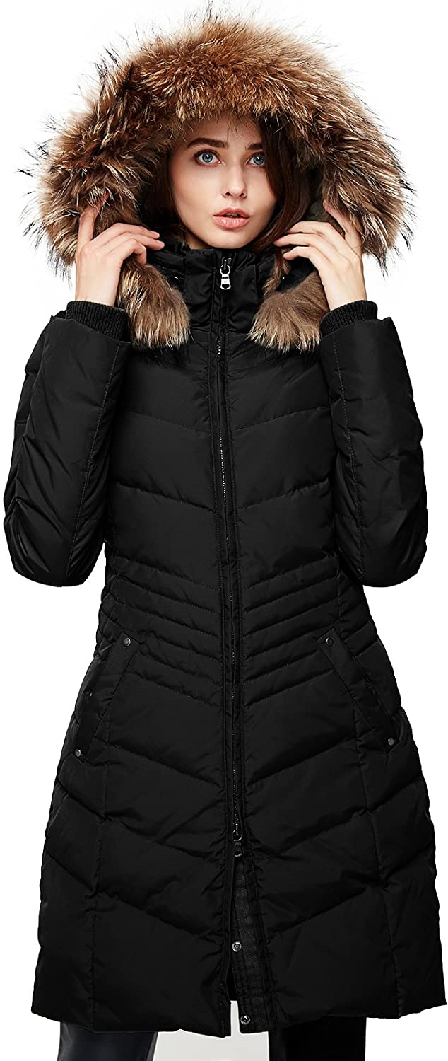 Price:$99.99    Escalier Women's Down Jacket Winter Long Parka Coat with Raccoon Fur Hooded  Clothing