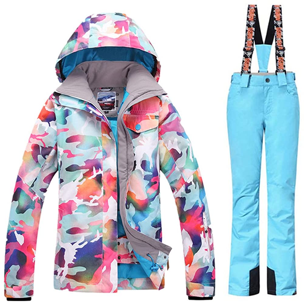 Price:$108.99    RIUIYELE Women's Ski Bib Suit Jacket Waterproof Snowboard Colorful Printed Ski Jacket and Pants Set  Clothing