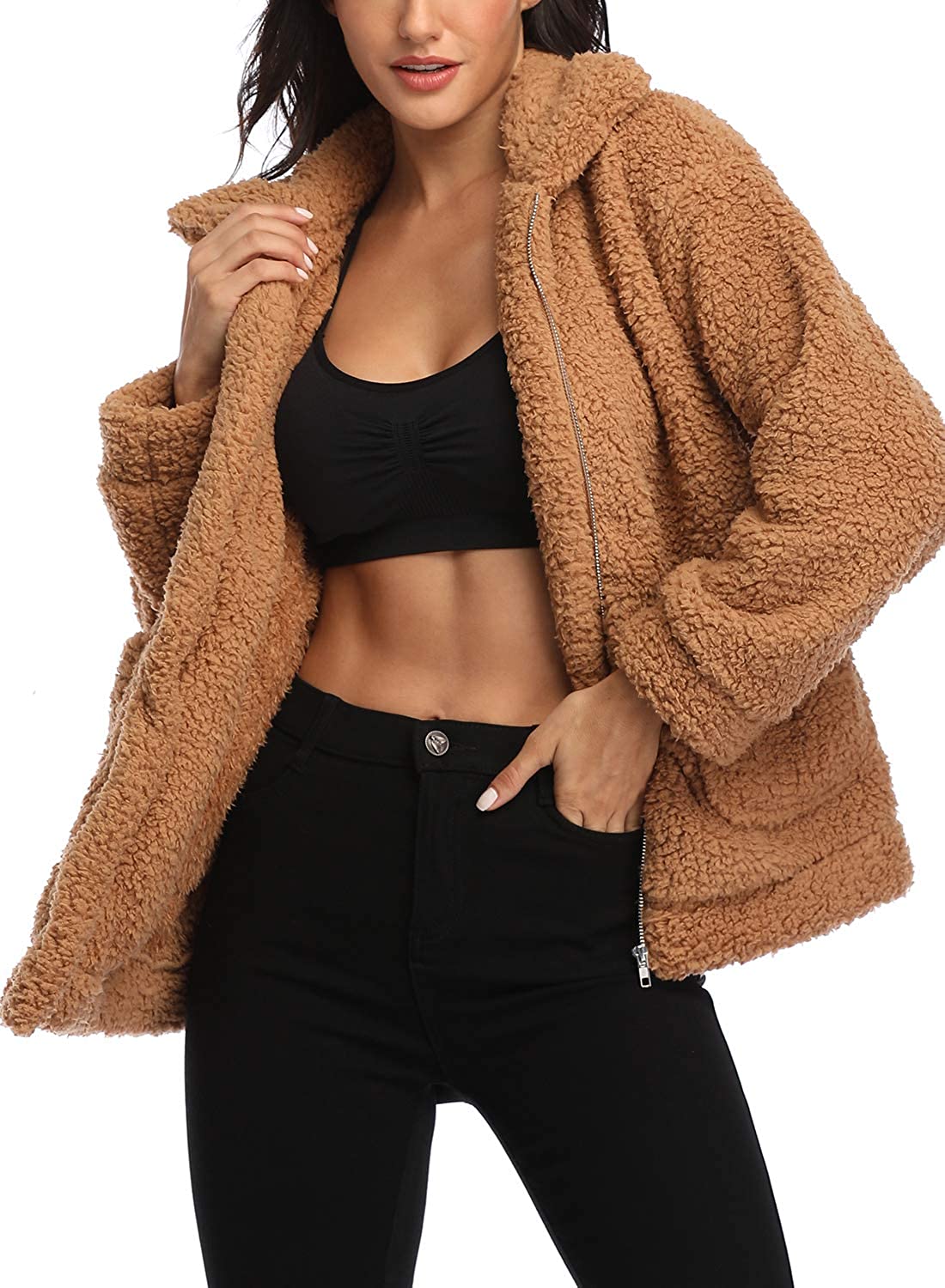 Price:$28.99 EZIGO Women's Fuzzy Fleece Sherpa Jacket Coat Warm Winter Faux Fur Shearling Jacket Coat with Pocket at Amazon Women's Coats Shop