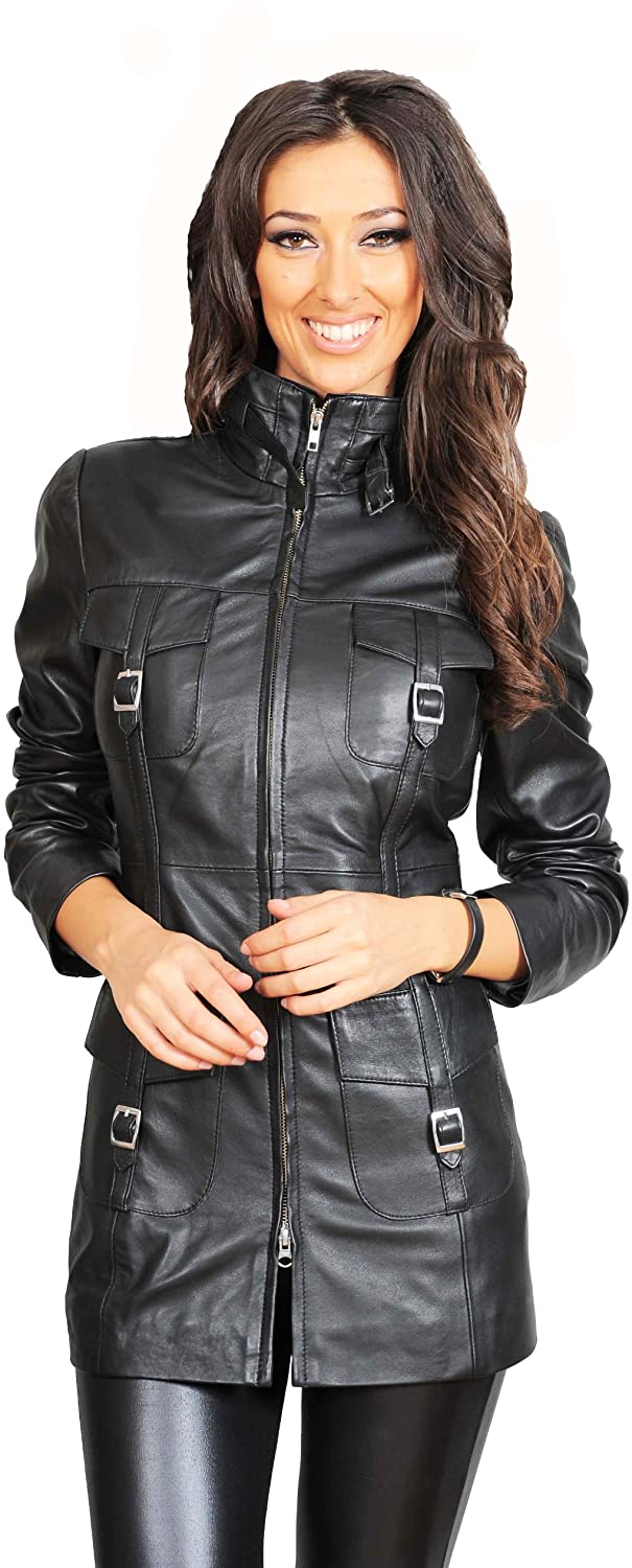 Price:$209.00 A1 FASHION GOODS Womens Latest 3/4 Fitted Real Leather Coat Trendy Zip Up Jacket Carol Black at Amazon Women's Coats Shop