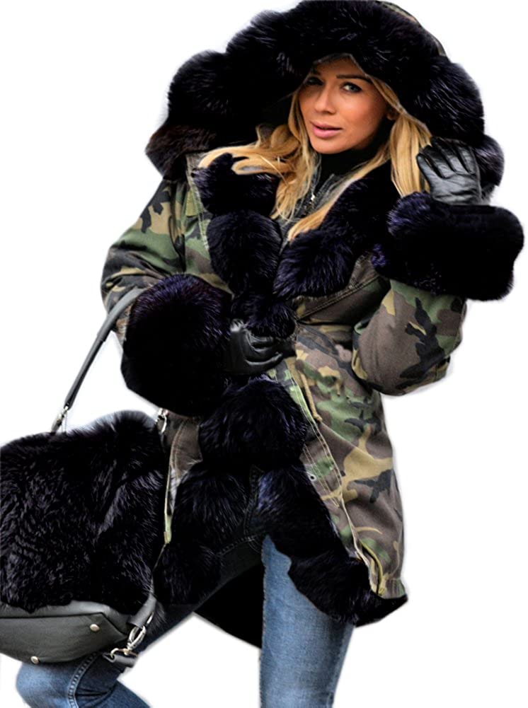 Price:$58.98 Aofur Black Faux Fur Camouflage Military Women's Jacket Winter Trench Coat Hooded Warm Lining Ladies Parka at Amazon Women's Coats Shop
