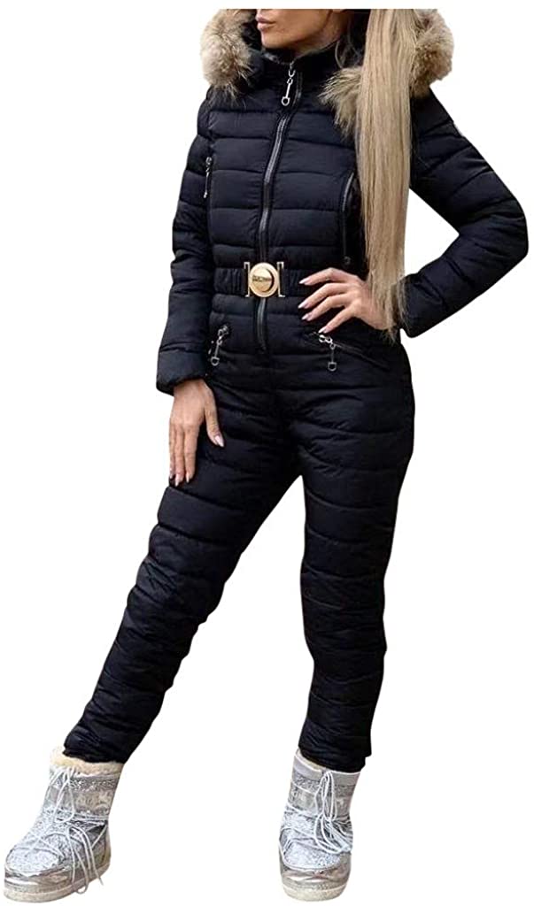 Price:$57.99    shamoluotuo Womens Winter Ski Sui Fur Collar Hooded Down Snowsuit Zipper Jumpsuit Warm Outerwear  Clothing