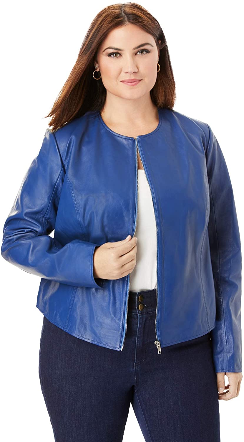 Price:$52.27 Jessica London Women's Plus Size Collarless Leather Jacket at Amazon Women's Coats Shop