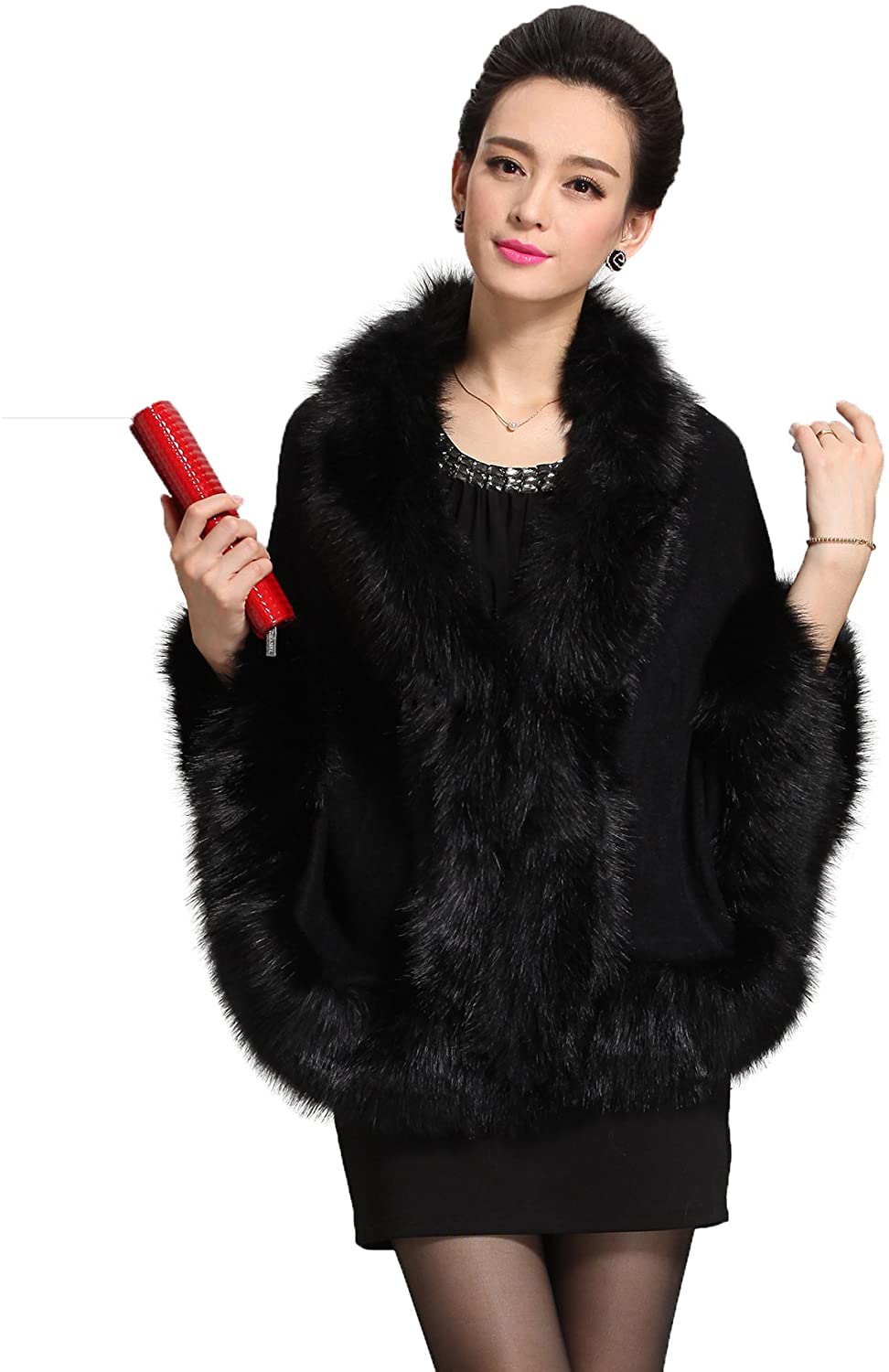 Price:$29.99 Caracilia Women Bridal Faux Fur Shawl Wraps Cloak Coat Sweater, Black3, One Size at Amazon Women's Coats Shop