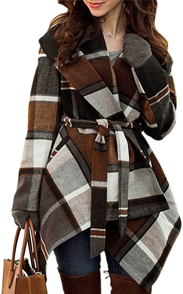 Price:$65.99    Chicwish Women's Turn Down Shawl Collar Earth Tone Check/Black White Grid/Black/Plum/Cream/Pink Wool Blend Coat  Clothing