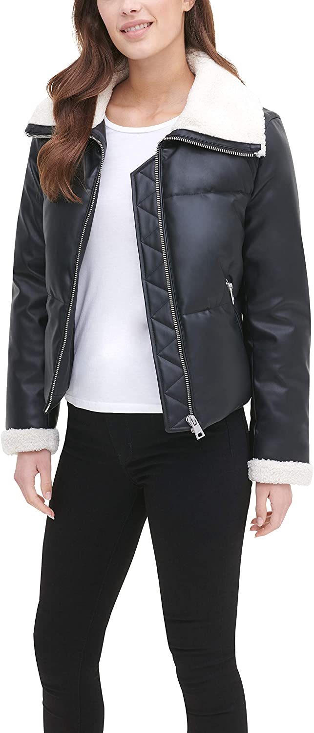 Price:$79.99 Levi's Women's The Breanna Smooth Lamb Faux Leather Puffer Jacket at Amazon Women's Coats Shop