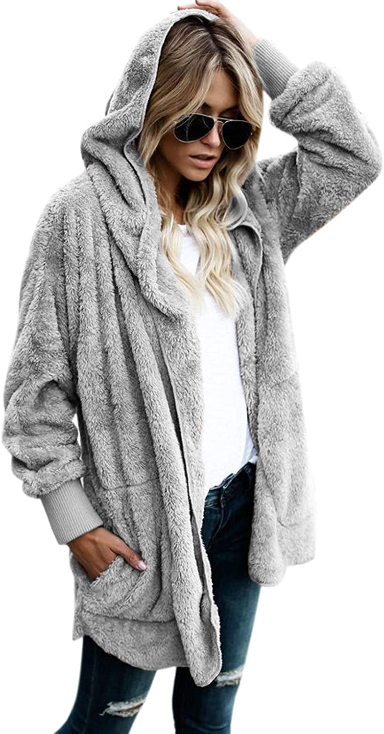 Price:$25.99    Women Hooded Cardigan Fuzzy Jacket Winter Open Front Fleece Coat Outwear with Pockets  Clothing