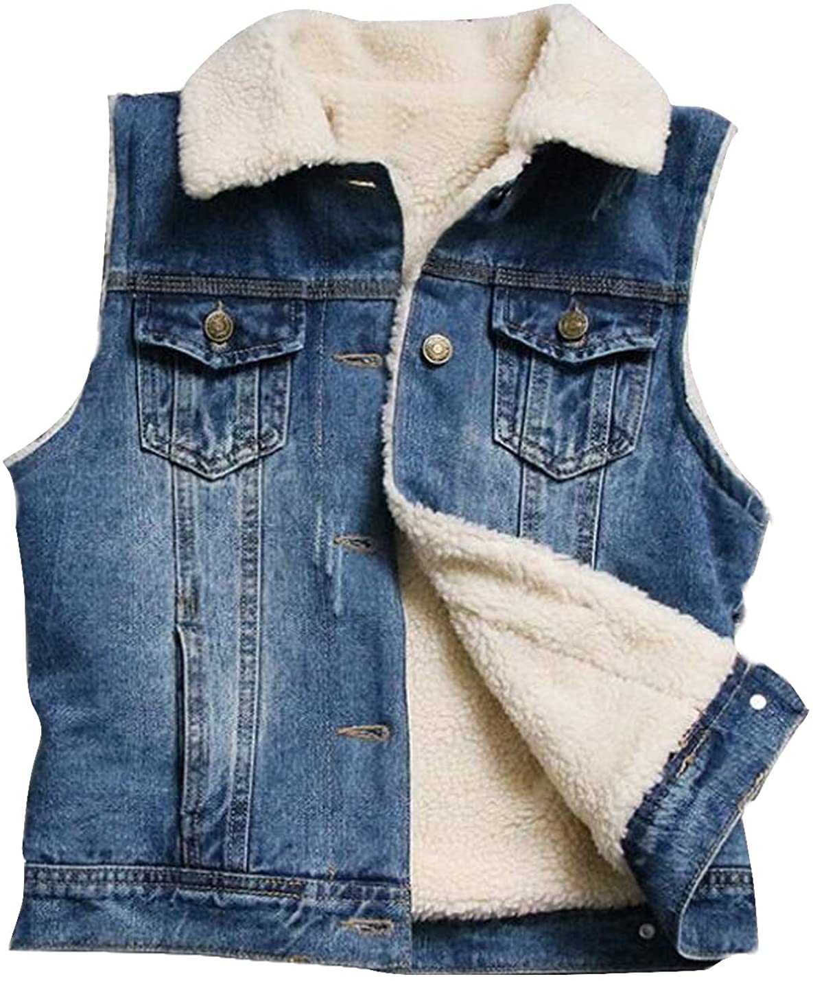 Price:$32.88 Yimoon Women's Slim Fit Sherpa Lined Sleeveless Button Up Denim Vest at Amazon Women's Coats Shop