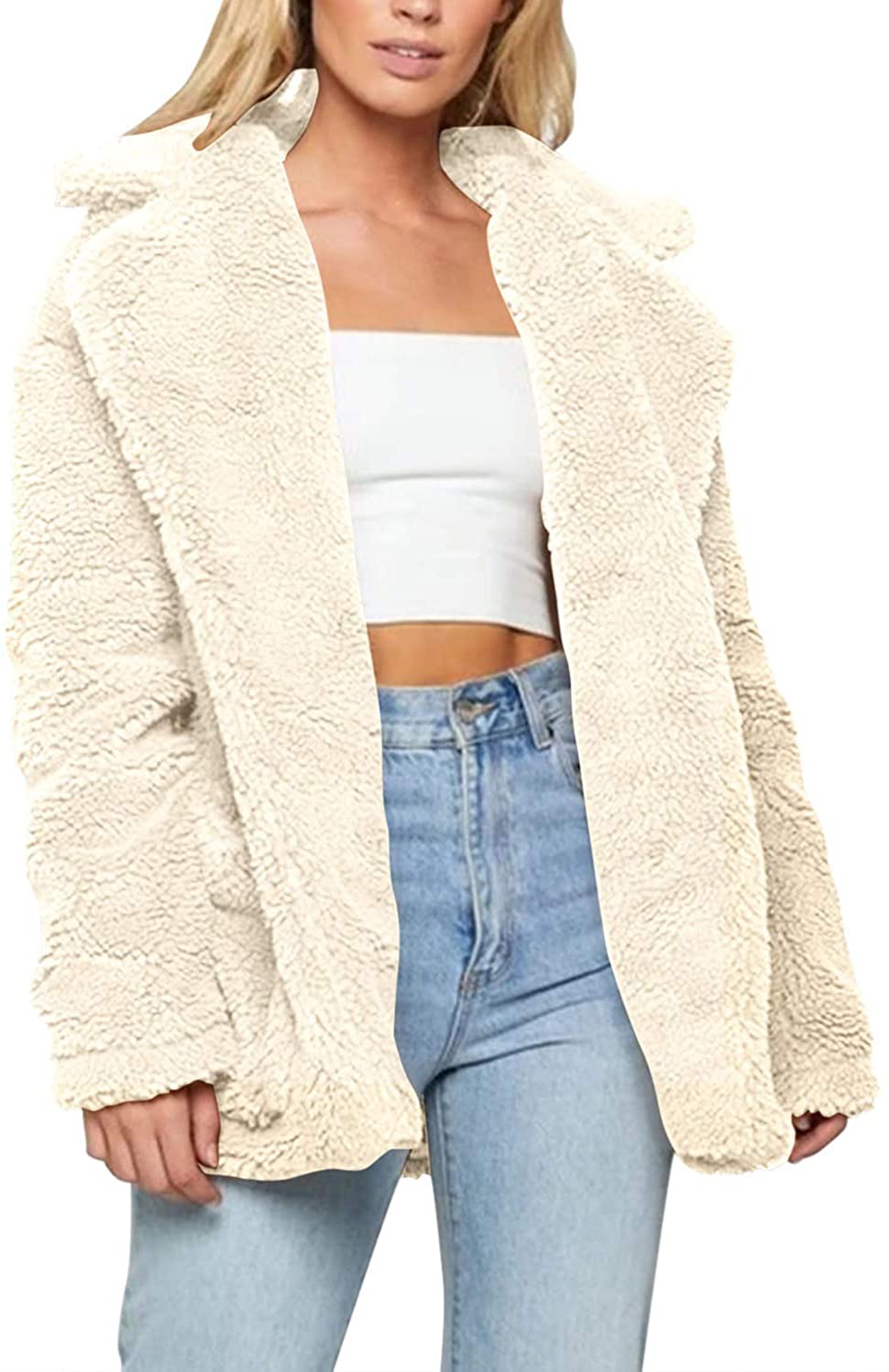 Price:$23.42 COCOLEGGINGS Women's Open Front Lapel Sherpa Faux Fur Jacket Fuzzy Coat at Amazon Women's Coats Shop