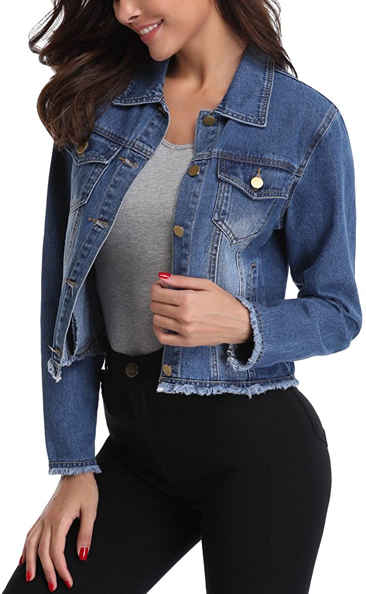 Price:$18.99 MISS MOLY Jean Jacket Women’s Frayed Washed Button Up Cropped Denim Jacket w 2 Side Pockets… at Amazon Women's Coats Shop
