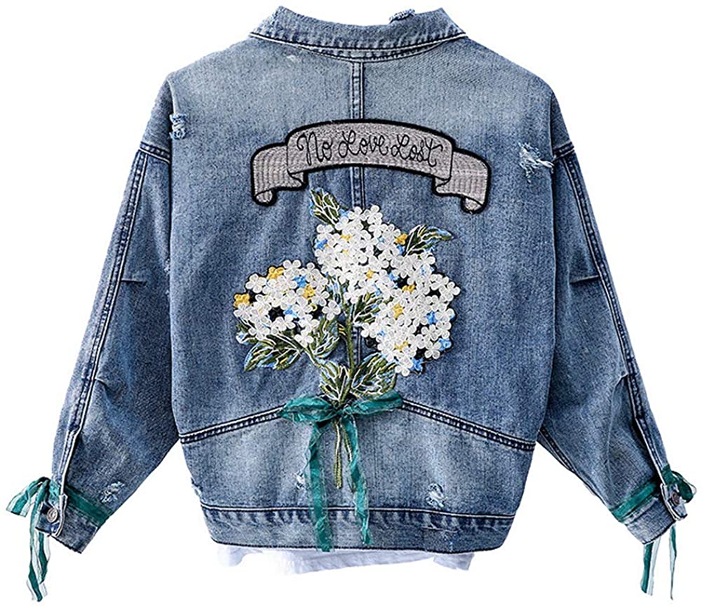 Price:$32.98 Kedera Women’s Embroidered Flower Long Sleeve Cropped Boyfriend Denim Jean Jacket at Amazon Women's Coats Shop