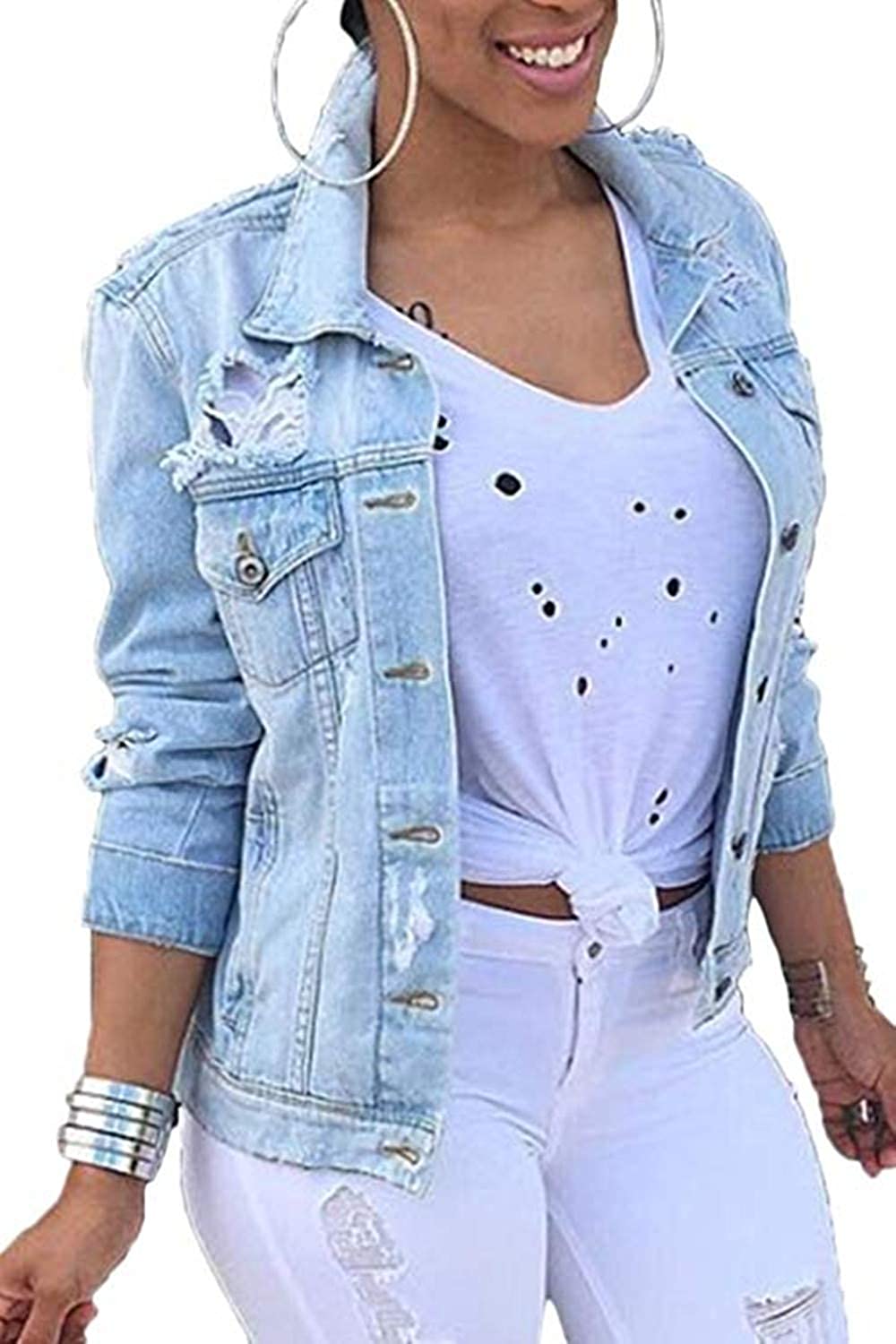 Price:$29.99 Women Denim Jackets Distressed Button Down Long Sleeve Classic Jean Jacket Coats at Amazon Women's Coats Shop
