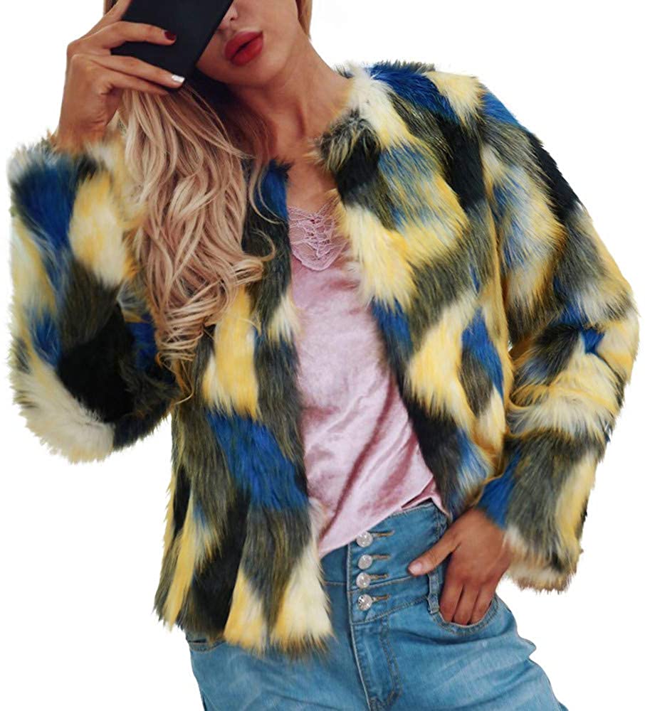 Price:$28.98 JESPER Womens Ladies Warm Faux Fur Fluffy Coat Gradient Color Short Jacket Winter at Amazon Women's Coats Shop
