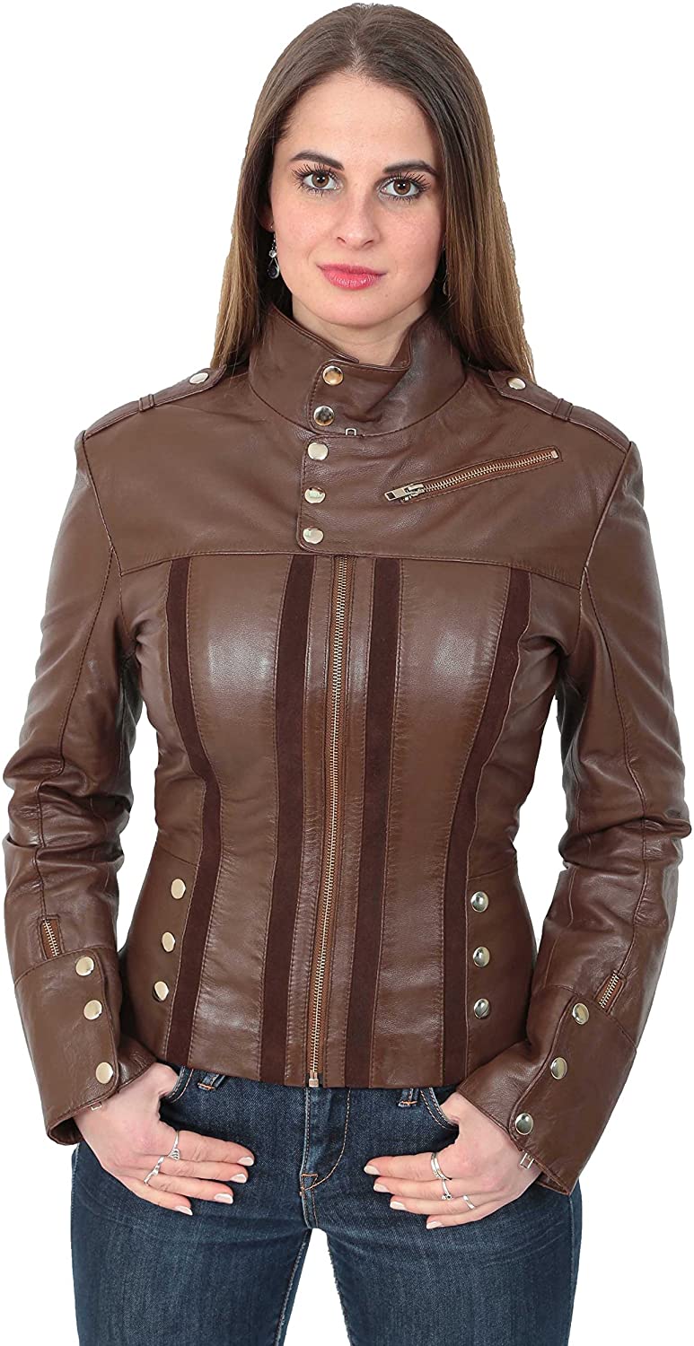 Price:$198.00 Womens Slim Fit Biker Style Brown Real Leather Jacket Studded Suede Feature Lily at Amazon Women's Coats Shop