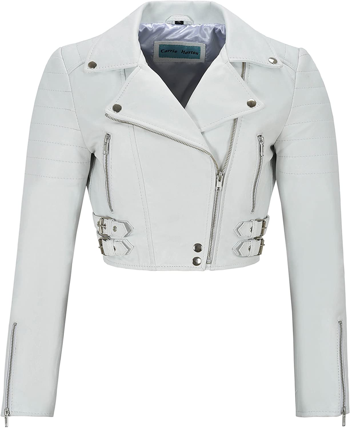 Price:$139.99 Ladies Short Body Leather Jacket White Slim Fit Short Biker Style Lambskin 5625 at Amazon Women's Coats Shop