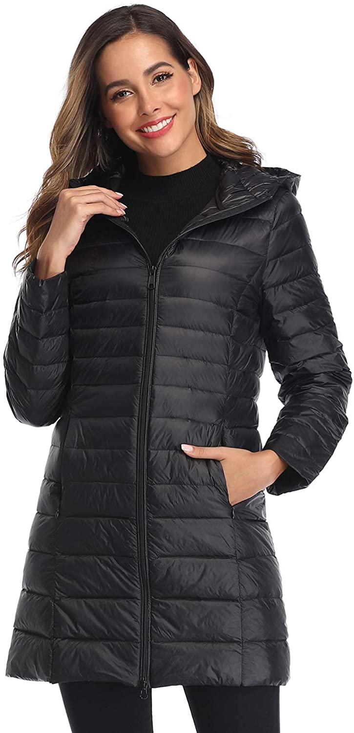 Price:$29.99    Obosoyo Women's Winter Packable Down Jacket Plus Size Lightweight Long Down Outerwear Puffer Jacket Hooded Coat  Clothing