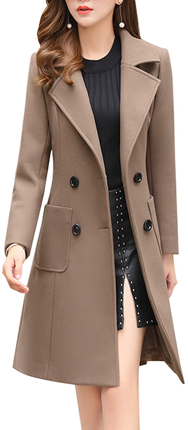 Price:$54.90    chouyatou Women Elegant Notched Collar Double Breasted Wool Blend Over Coat  Clothing