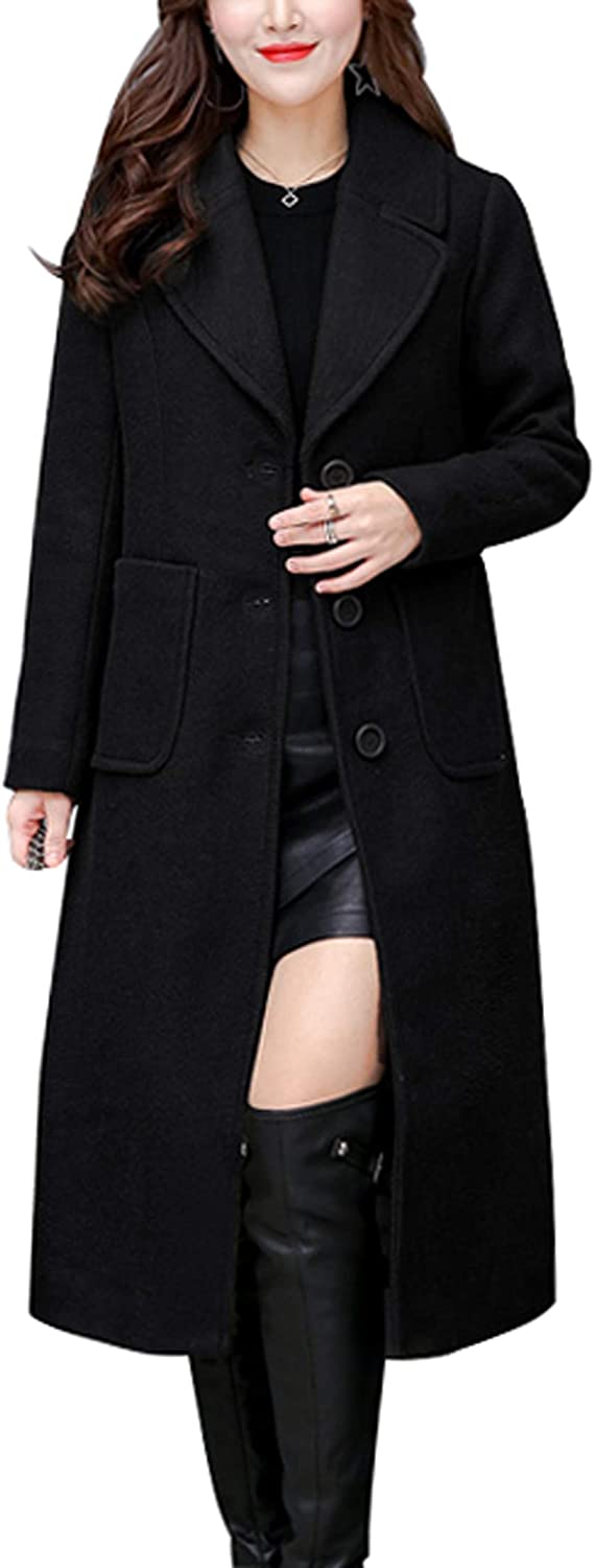 Price:$45.99    chouyatou Women's Big Notch Lapel Single Breasted Mid-Long Wool Blend Coat  Clothing