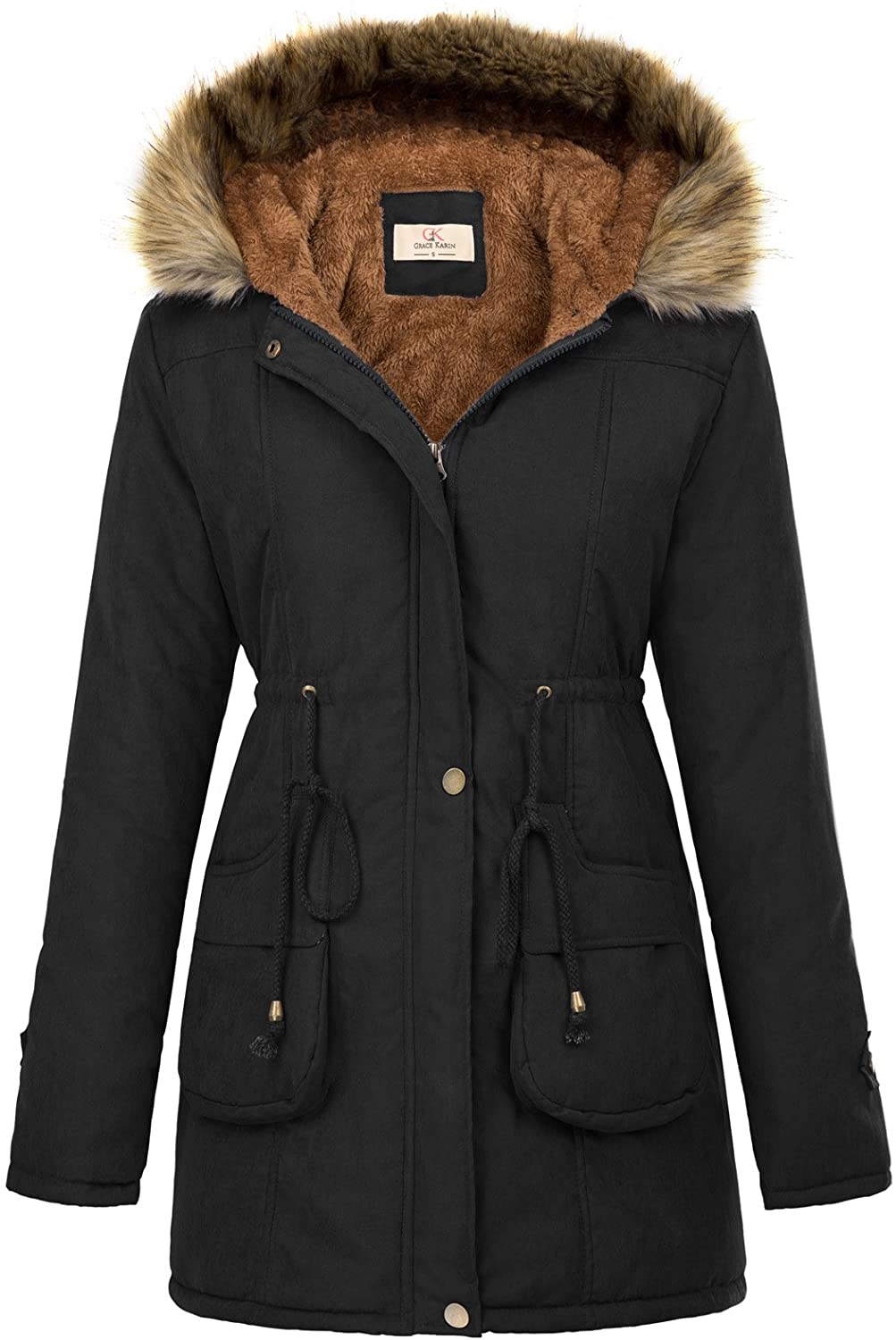 Price:$45.99    GRACE KARIN Womens Hooded Warm Winter Thicken Fleece Lined Parkas Long Coats  Clothing