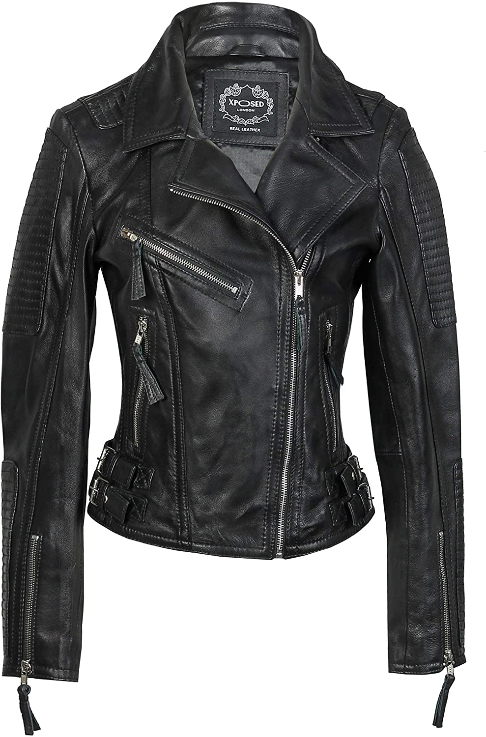 Price:$103.99 Ladies Womens Soft Real Leather Bike Jacket Classic Retro Style Slim Fit Multi Cross Zip at Amazon Women's Coats Shop