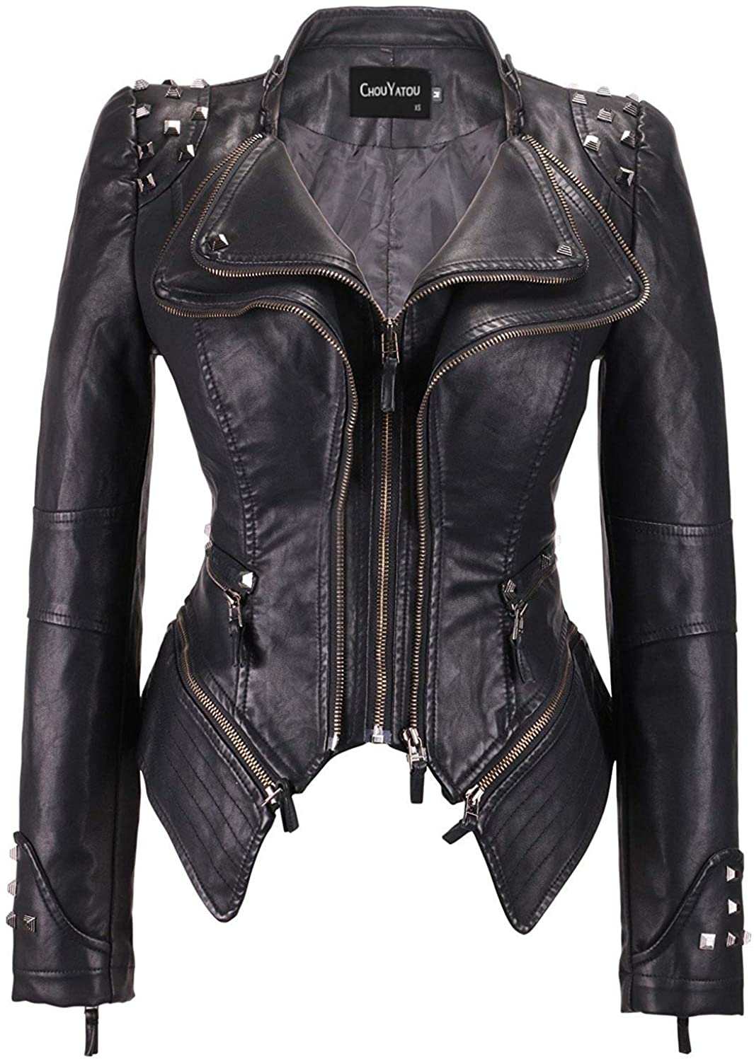 Price:$65.99 chouyatou Women's Fashion Studded Perfectly Shaping Faux Leather Biker Jacket at Amazon Women's Coats Shop