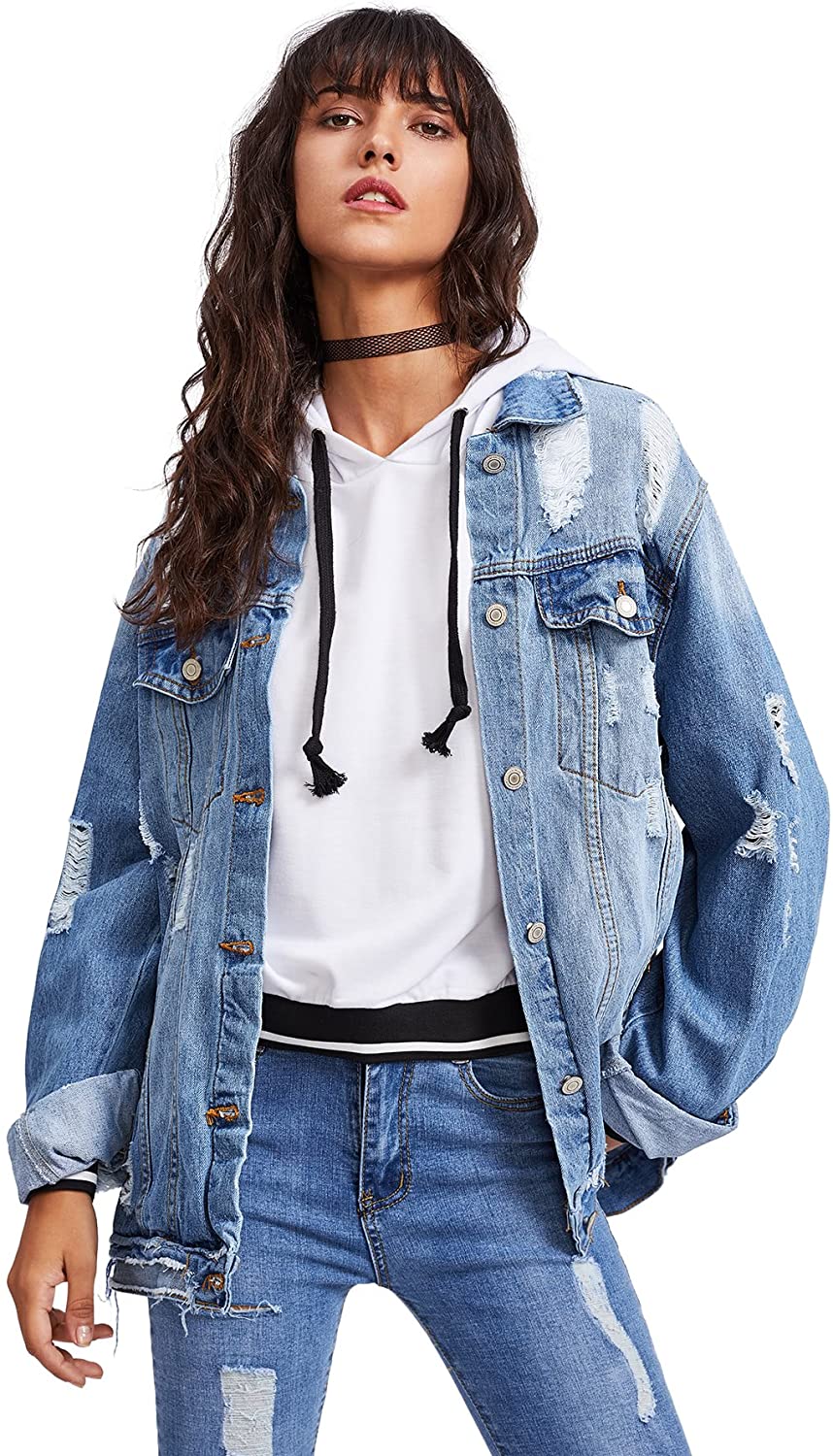 Price:$30.99 Floerns Women's Ripped Distressed Casual Long Sleeve Denim Jacket at Amazon Women's Coats Shop